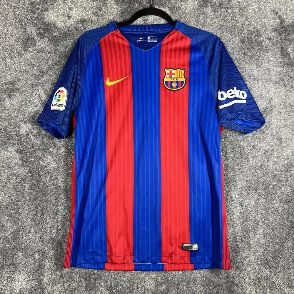 Nike Shirt Mens M Blue Barcelona Messi 10 Dri-FIT Soccer Jersey Striped
